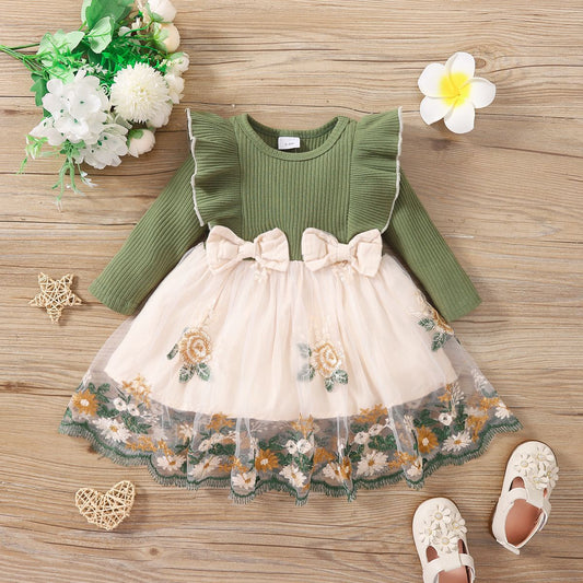 Imported🌸 INS Style Baby Girls’ Patchwork Floral Mesh Dress – Spring & Autumn Long Sleeve