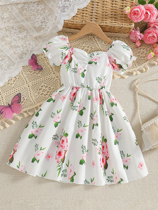 Imported 🌸 Girls’ White French Princess Dress – Pink Floral Lantern Sleeve Summer Outfit