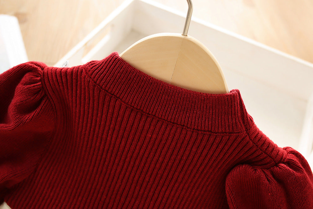 Imported ❄️ Winter Girls’ Knitted Bow Dress – Korean Style with Puff Sleeves