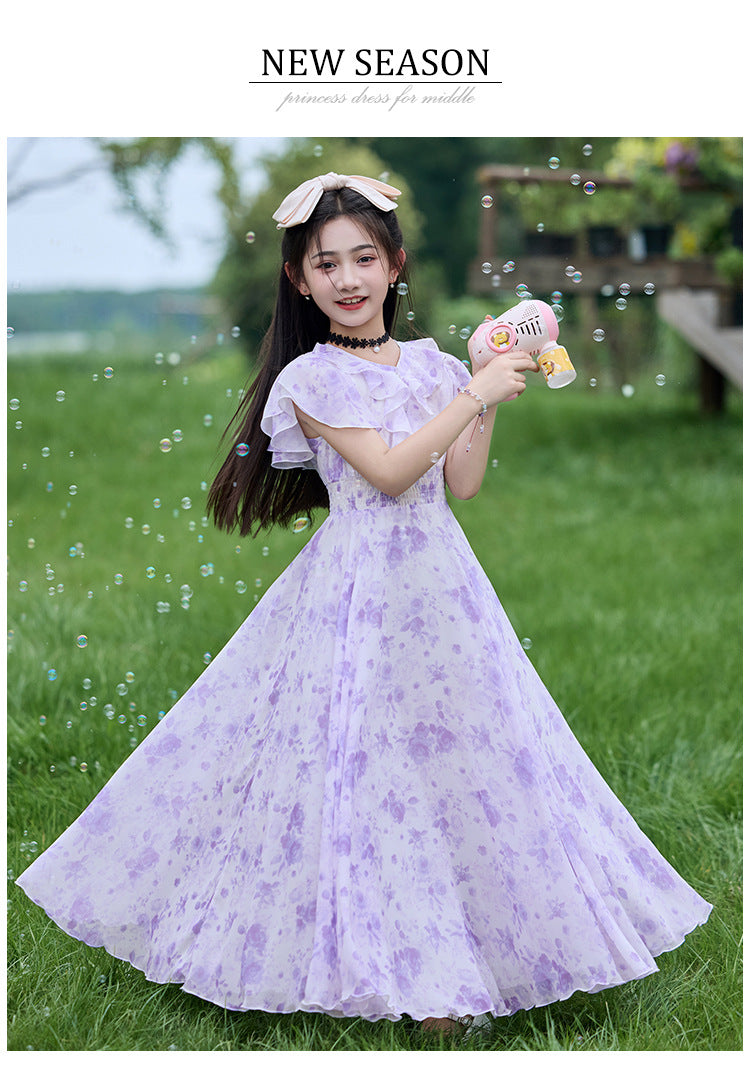 Imported 🌸Summer Floral Chiffon Dress – Princess Outfit for Big Girls