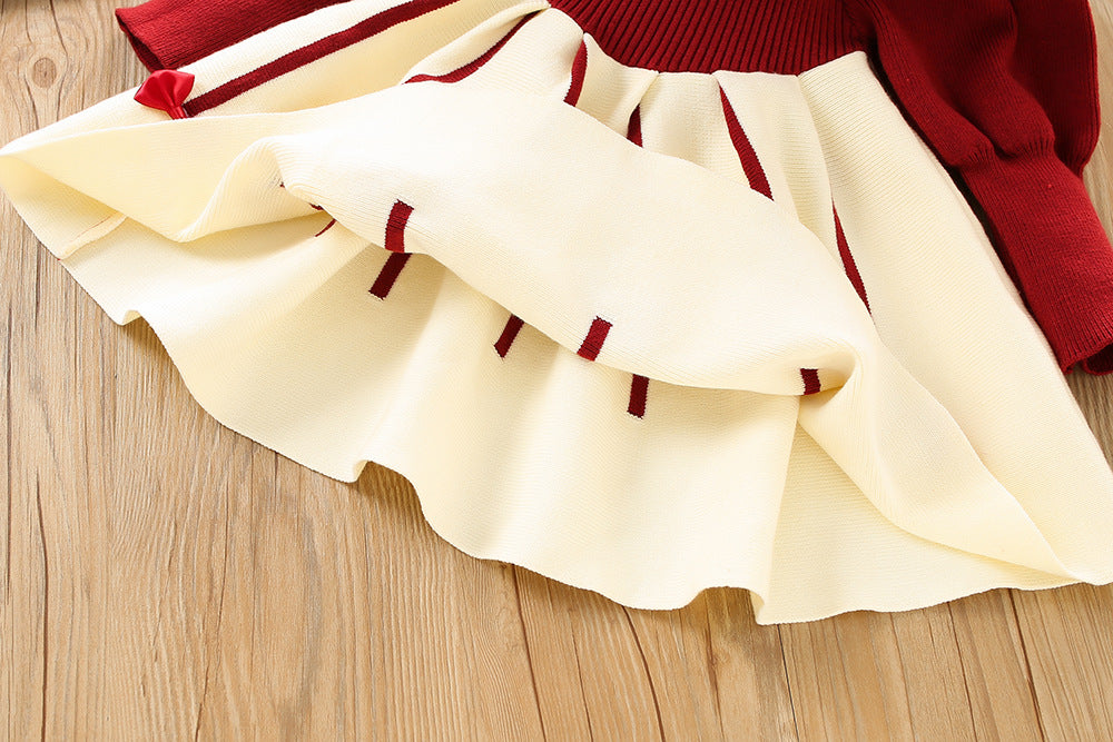 Imported ❄️ Winter Girls’ Knitted Bow Dress – Korean Style with Puff Sleeves