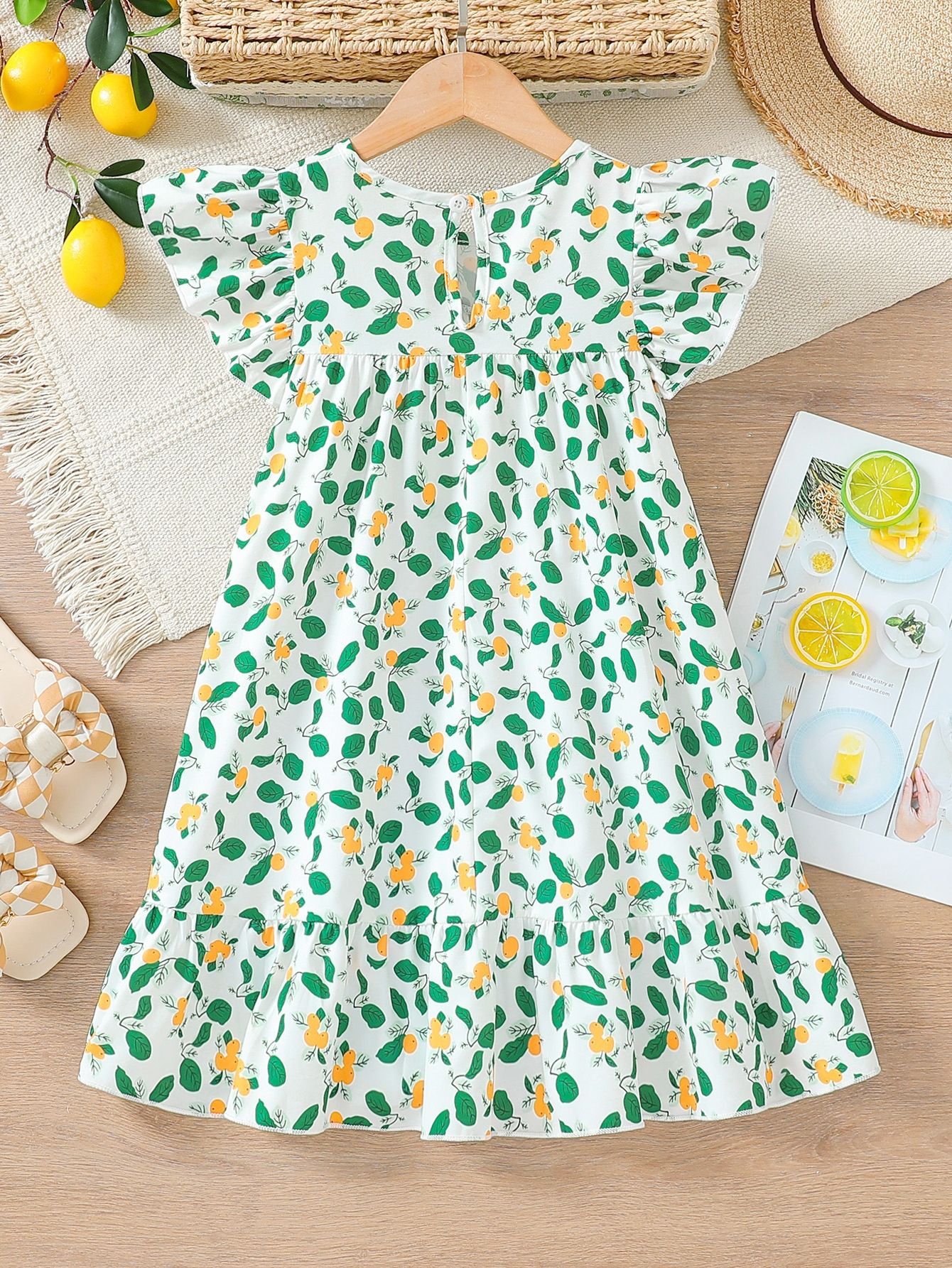 Imported 🍋 Cross-Border Girls’ Lemon Print Flying Sleeve A-Line Long Dress – Summer Vacation Style