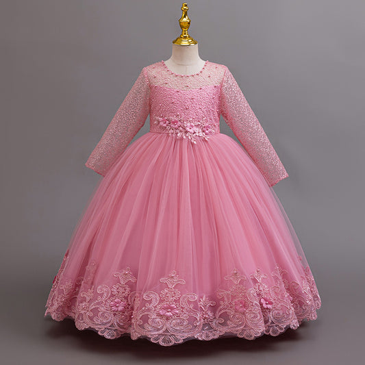 Imported ✨ Girls’ Long-Sleeve Lace Princess Dress – Wedding & Birthday Flower Girl Dress