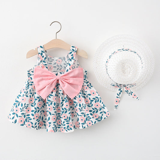 Imported 🌺 Girls’ Summer Floral Print Dress with Strap & Hat – Korean Style