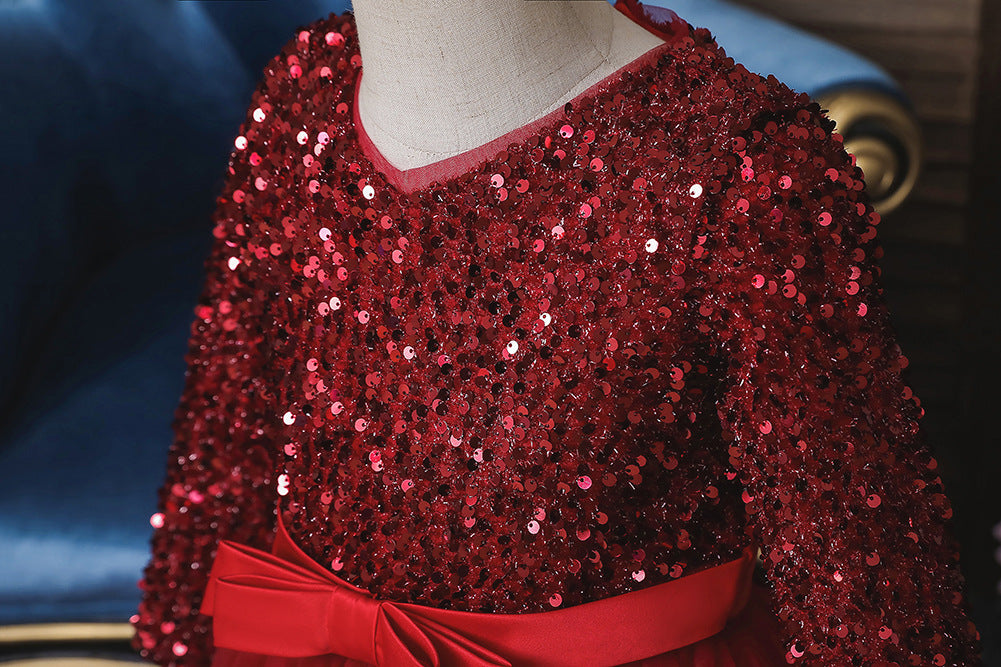 Imported ✨ Girls’ Sequined Evening Banquet Dress – Long Sleeve for Medium & Large Kids