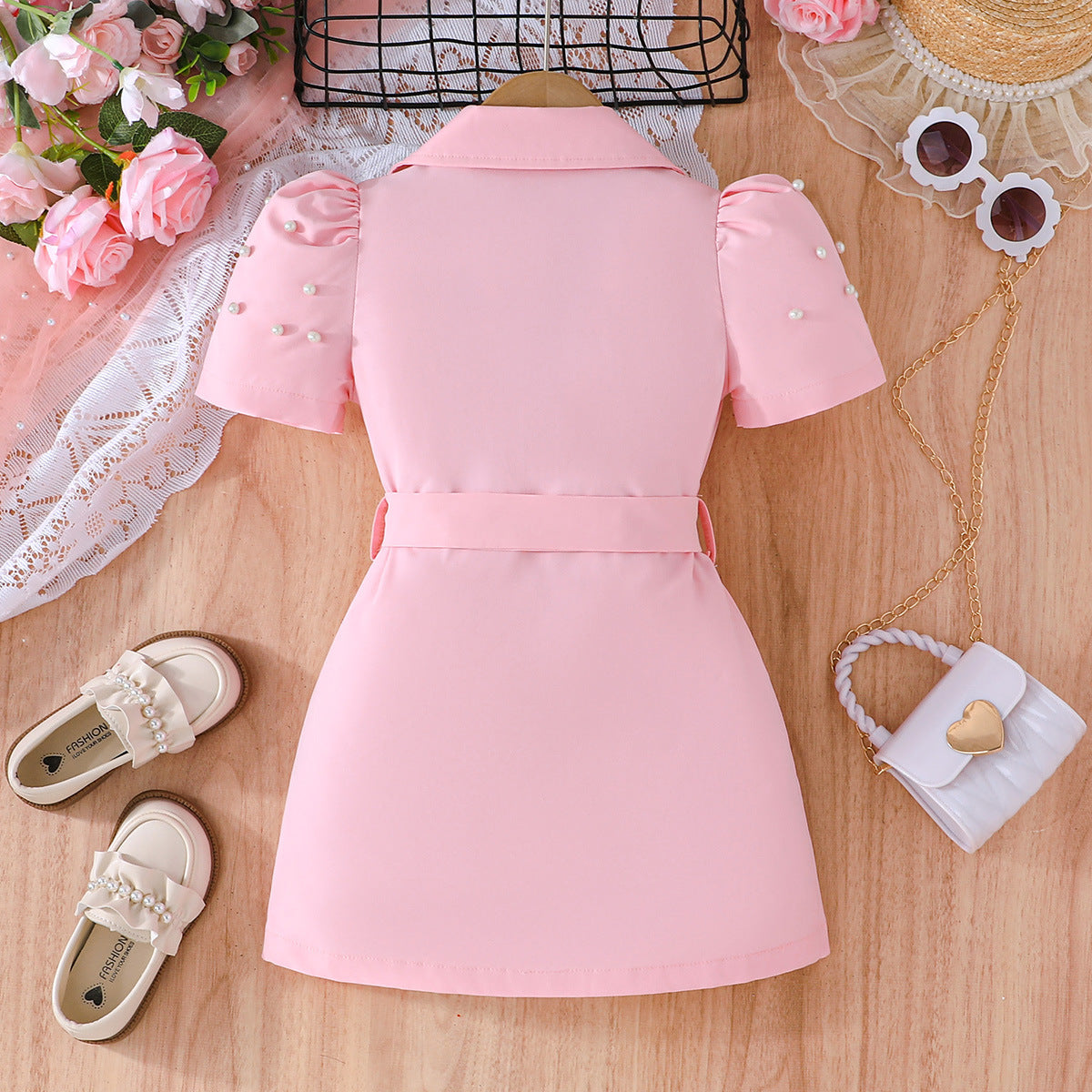 Imported 🌼 Girls’ Solid Color Short-Sleeve Casual Dress + Belt – Summer Two-Piece Set