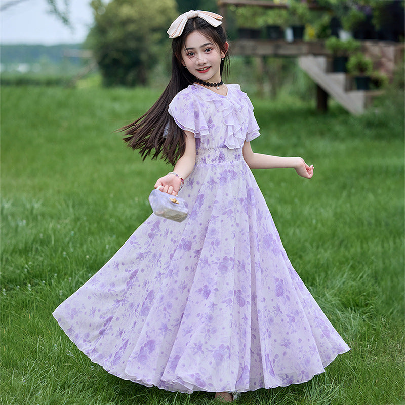 Imported 🌸Summer Floral Chiffon Dress – Princess Outfit for Big Girls