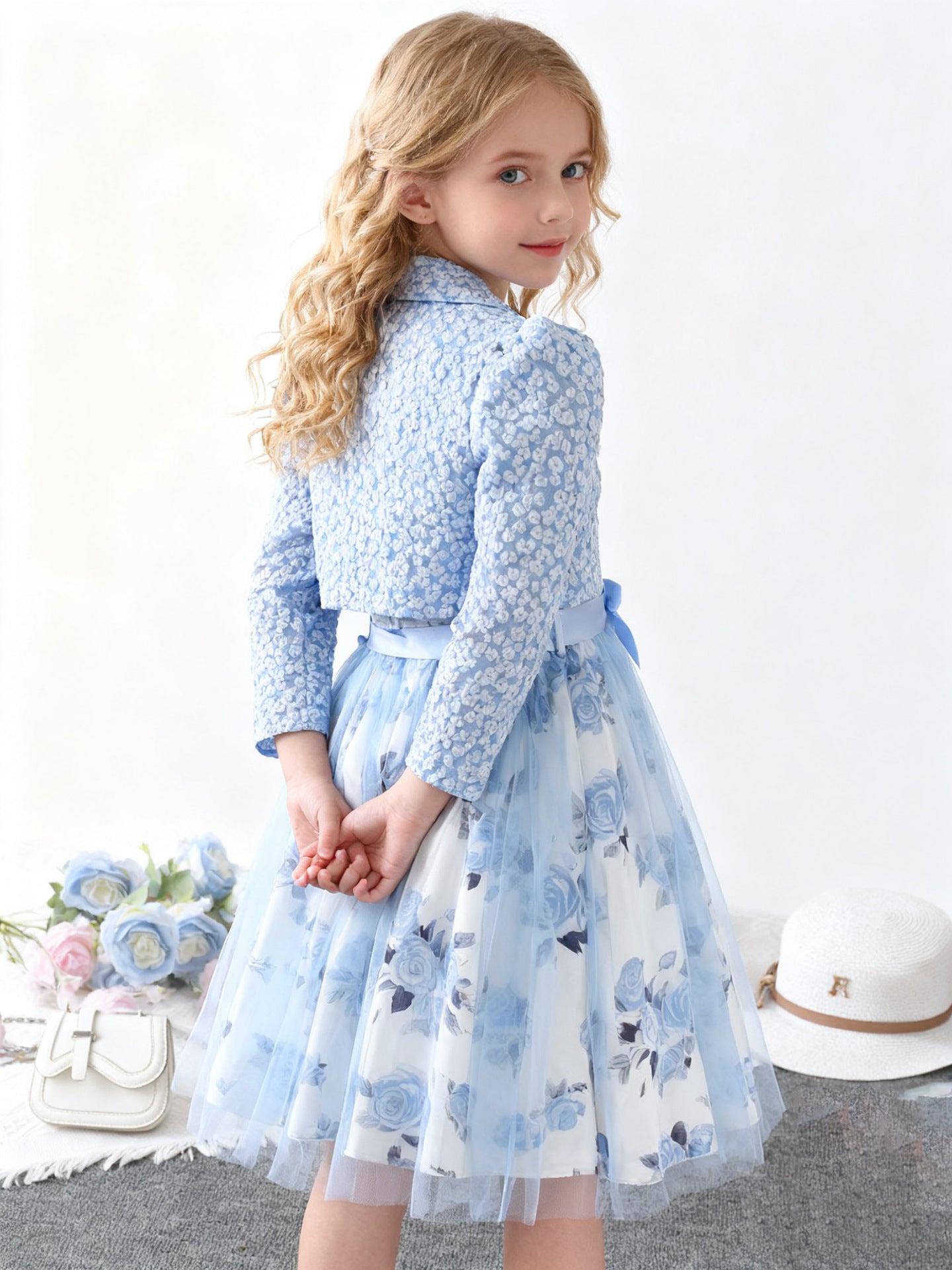 Imported  💙 Girls’ Sky Blue Rose Vest Dress & Chanel-Style Jacket – Two-Piece Set