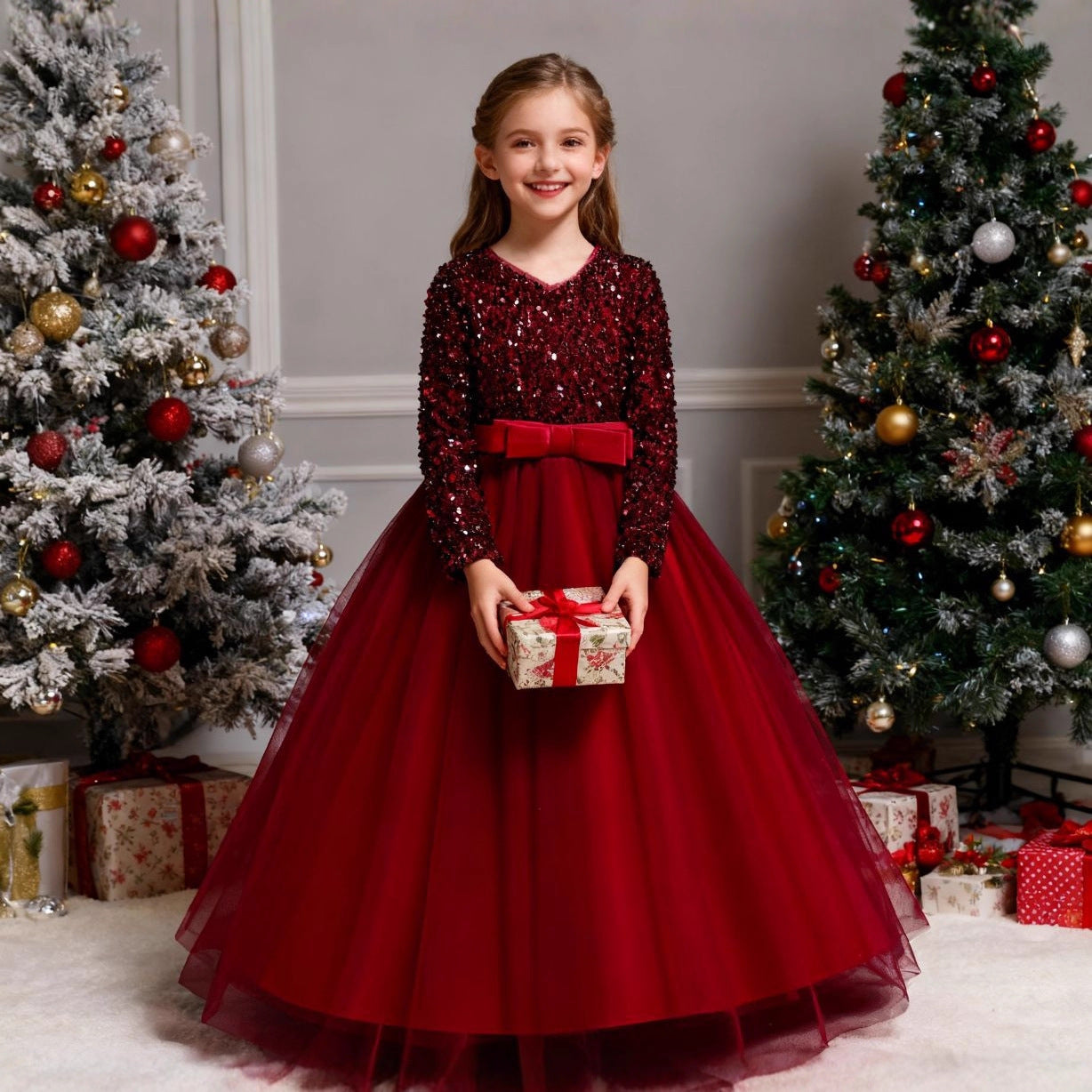 Imported ✨ Girls’ Sequined Evening Banquet Dress – Long Sleeve for Medium & Large Kids