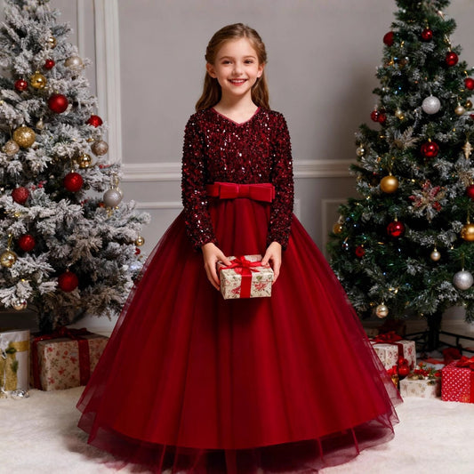 Imported ✨ Girls’ Sequined Evening Banquet Dress – Long Sleeve for Medium & Large Kids