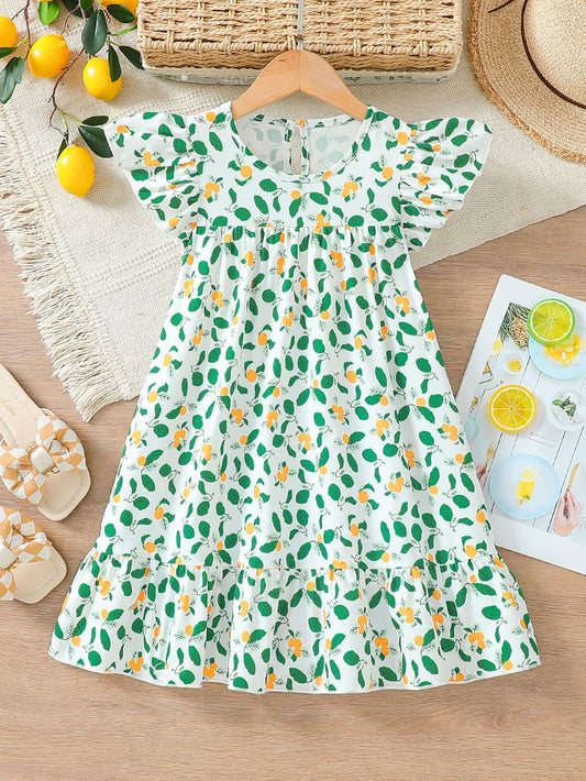 Imported 🍋 Cross-Border Girls’ Lemon Print Flying Sleeve A-Line Long Dress – Summer Vacation Style