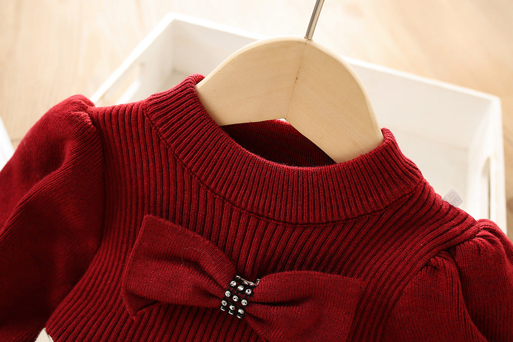 Imported ❄️ Winter Girls’ Knitted Bow Dress – Korean Style with Puff Sleeves