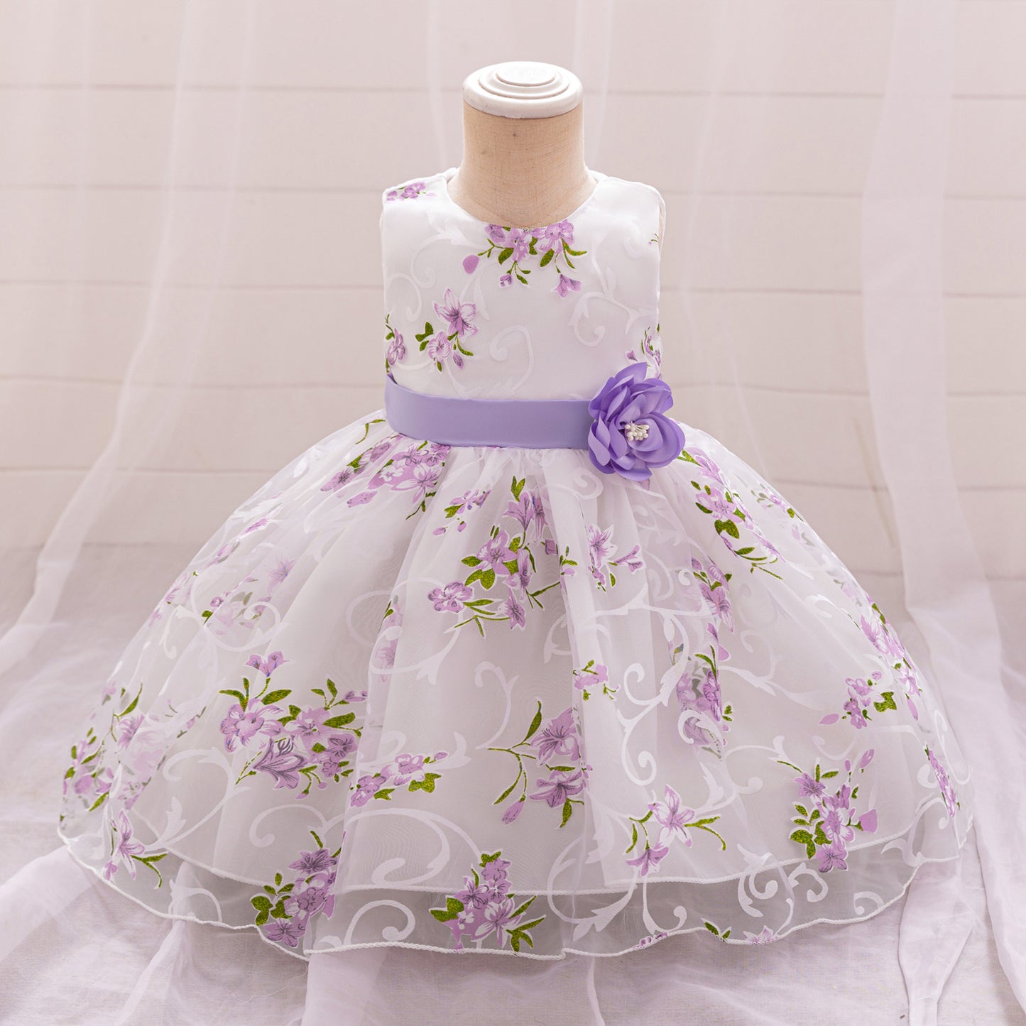 Imported🌸 Girls’ First Birthday / Full Moon Princess Dress – Floral Print Puff Dress