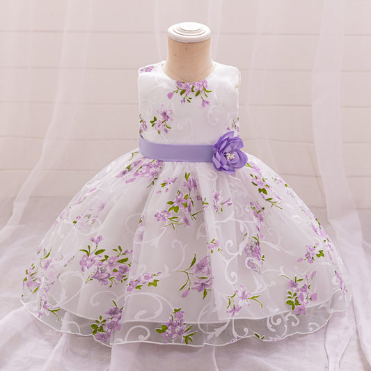 Imported🌸 Girls’ First Birthday / Full Moon Princess Dress – Floral Print Puff Dress