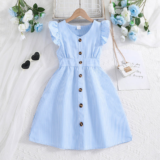 Imported🌈 Girls’ Striped Flutter Sleeve Princess Dress – Summer Fashion