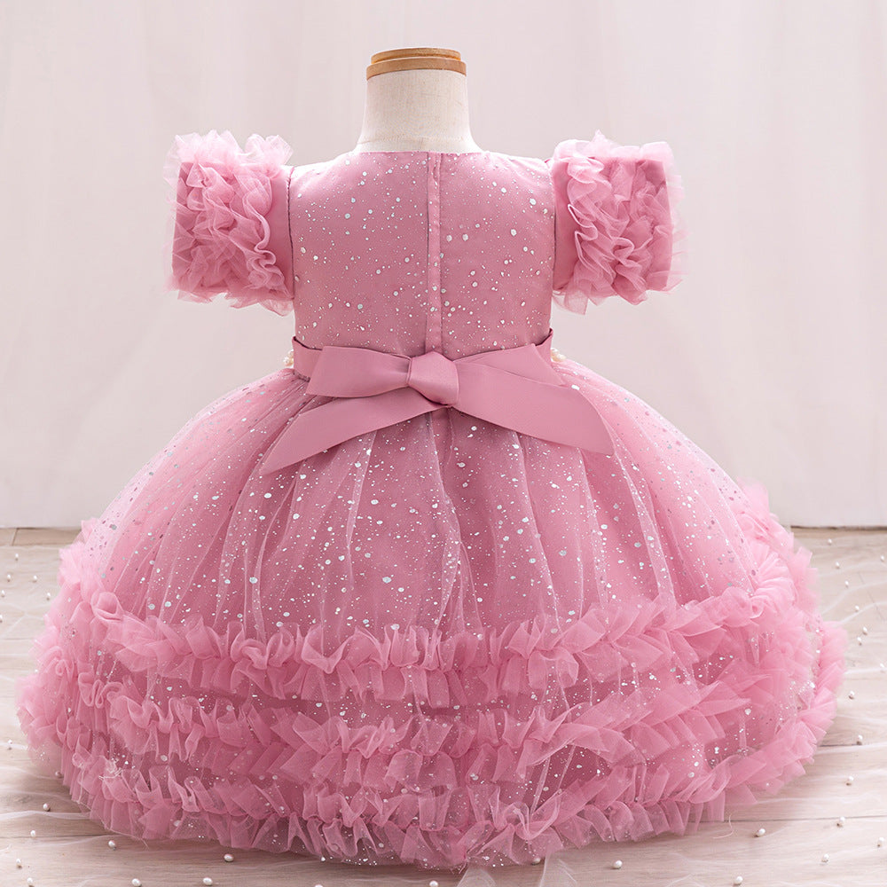 Imported ✨ Girls’ Ruffled Sleeve Beaded Sparkly Tutu Princess Dress – Flower Girl & Birthday Outfit