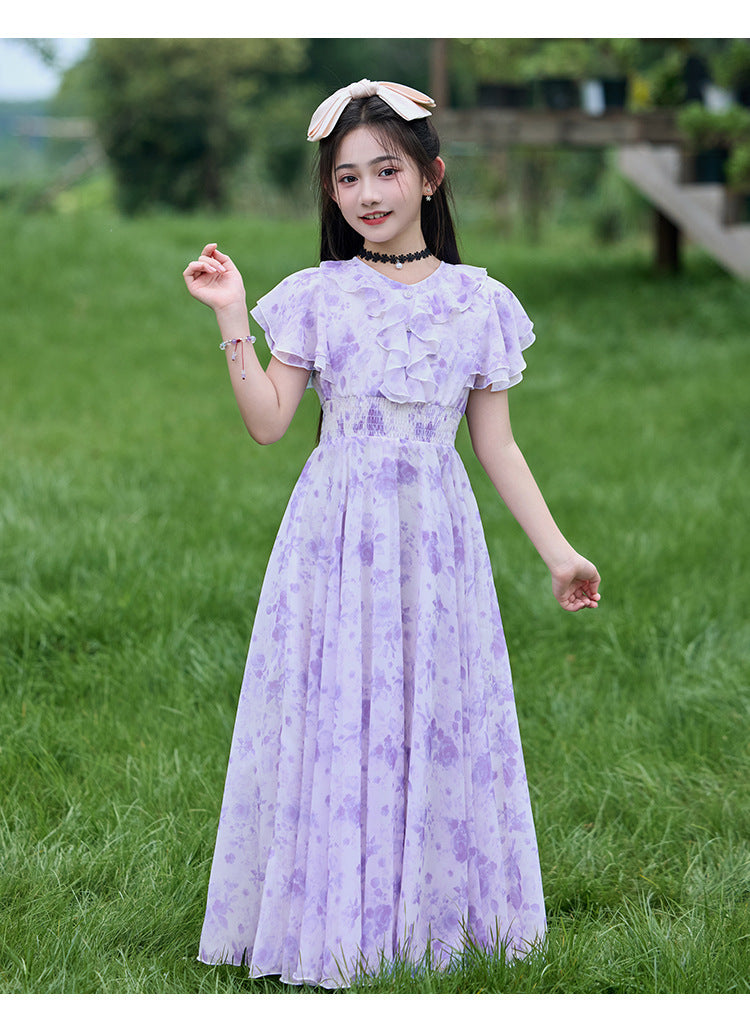 Imported 🌸Summer Floral Chiffon Dress – Princess Outfit for Big Girls