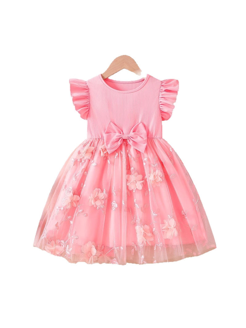 Imported 🌸 Girls’ Floral Embroidered Mesh Dress – Flutter Sleeve Toddler Princess Dress with Bow