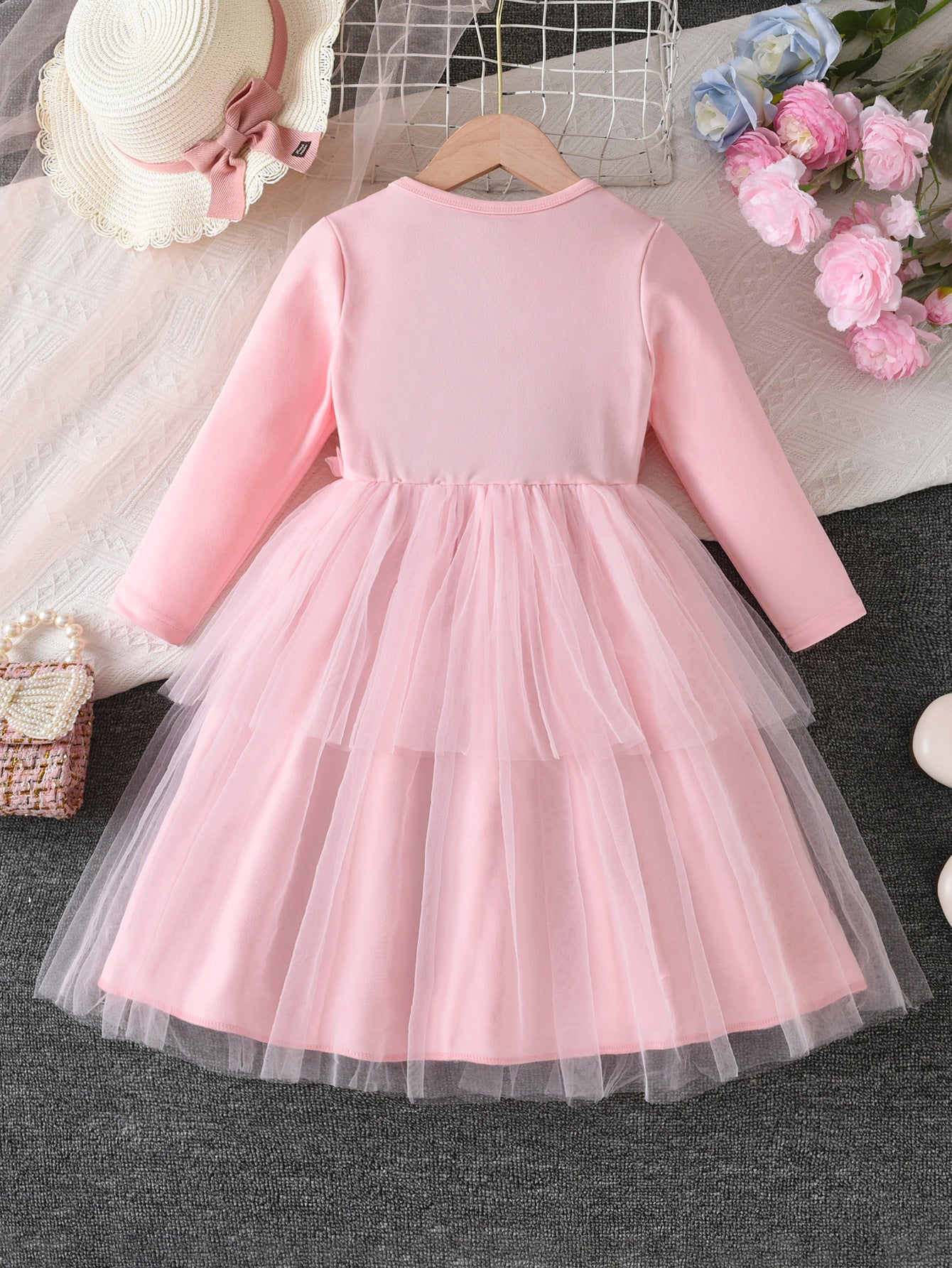 Imported 🌸 Girls’ Pink Floral Bow Long-Sleeve Tulle Princess Dress – Autumn Style