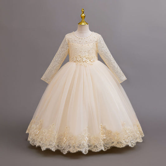 Imported ✨ Girls’ Long-Sleeve Lace Princess Dress – Wedding & Birthday Flower Girl Dress