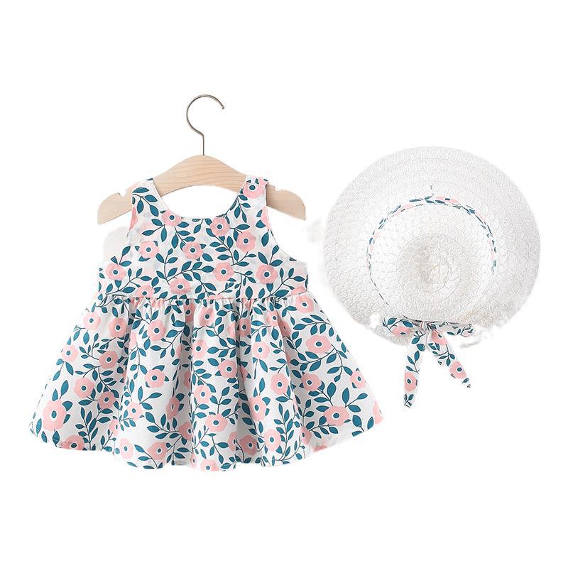 Imported 🌺 Girls’ Summer Floral Print Dress with Strap & Hat – Korean Style