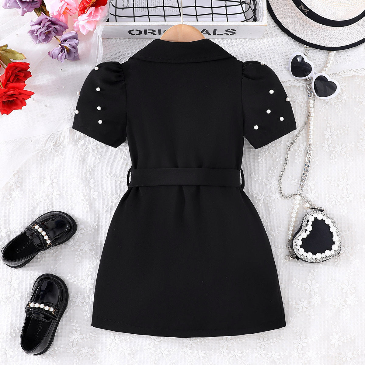 Imported 🌼 Girls’ Solid Color Short-Sleeve Casual Dress + Belt – Summer Two-Piece Set