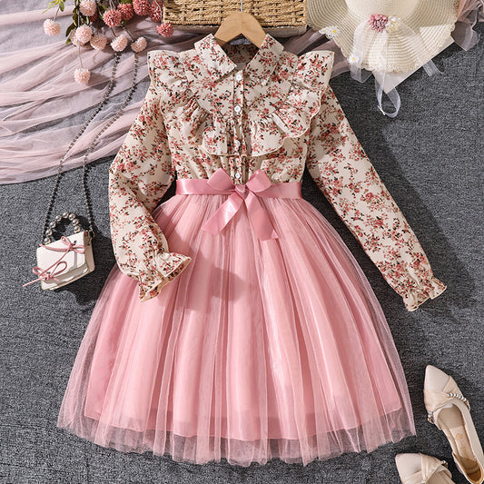 Imported 🌸 Girls’ Autumn Floral Mesh Princess Dress – Long Sleeve Collared Waist-Fit Design