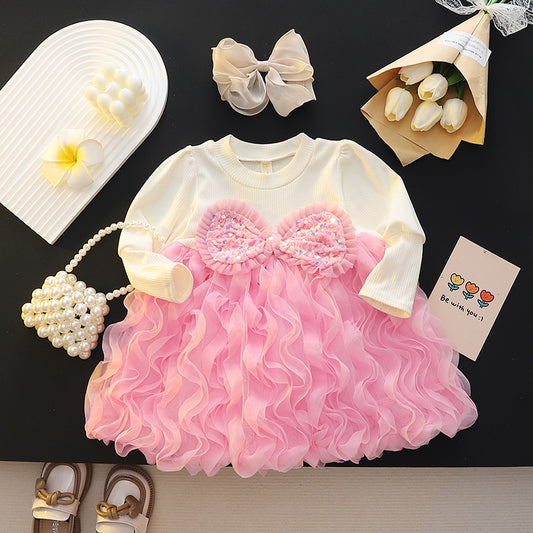 Imported 🎀 Girls' Autumn Pink Mesh Tutu Dress – Long Sleeve Princess Style