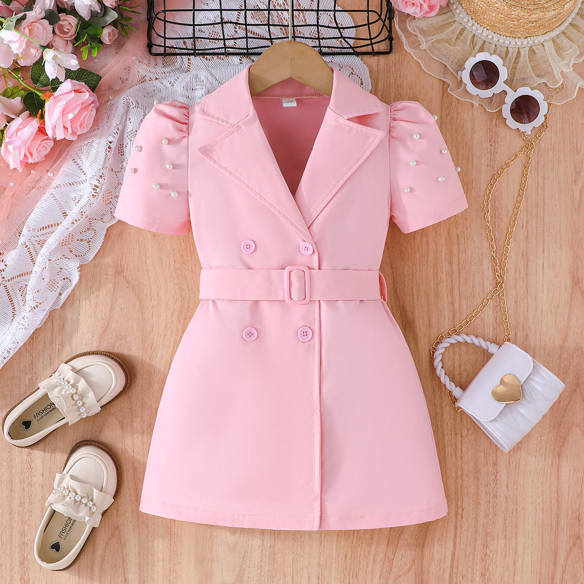 Imported 🌼 Girls’ Solid Color Short-Sleeve Casual Dress + Belt – Summer Two-Piece Set
