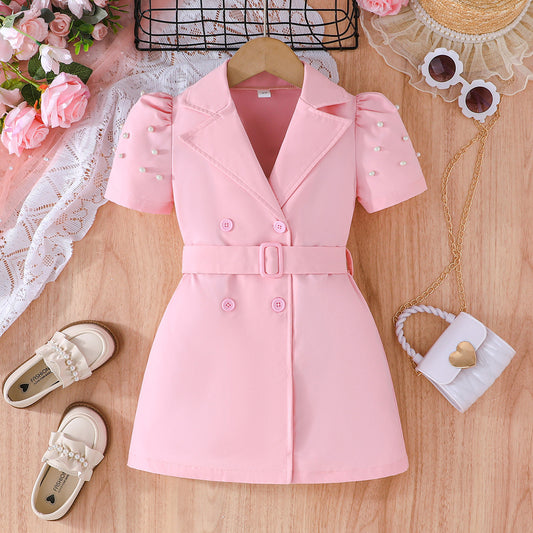 Imported 🌼 Girls’ Solid Color Short-Sleeve Casual Dress + Belt – Summer Two-Piece Set