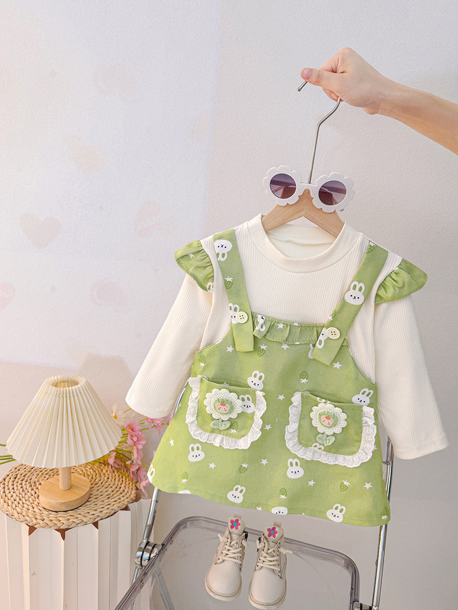 Imported 🍁 Autumn Princess Dress – Cartoon Suspender Faux Two-Piece Long-Sleeve Outfit