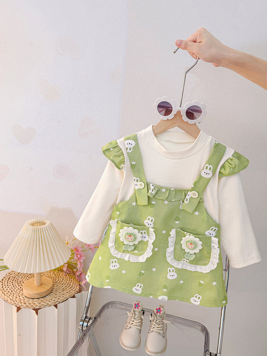 Imported 🍁 Autumn Princess Dress – Cartoon Suspender Faux Two-Piece Long-Sleeve Outfit