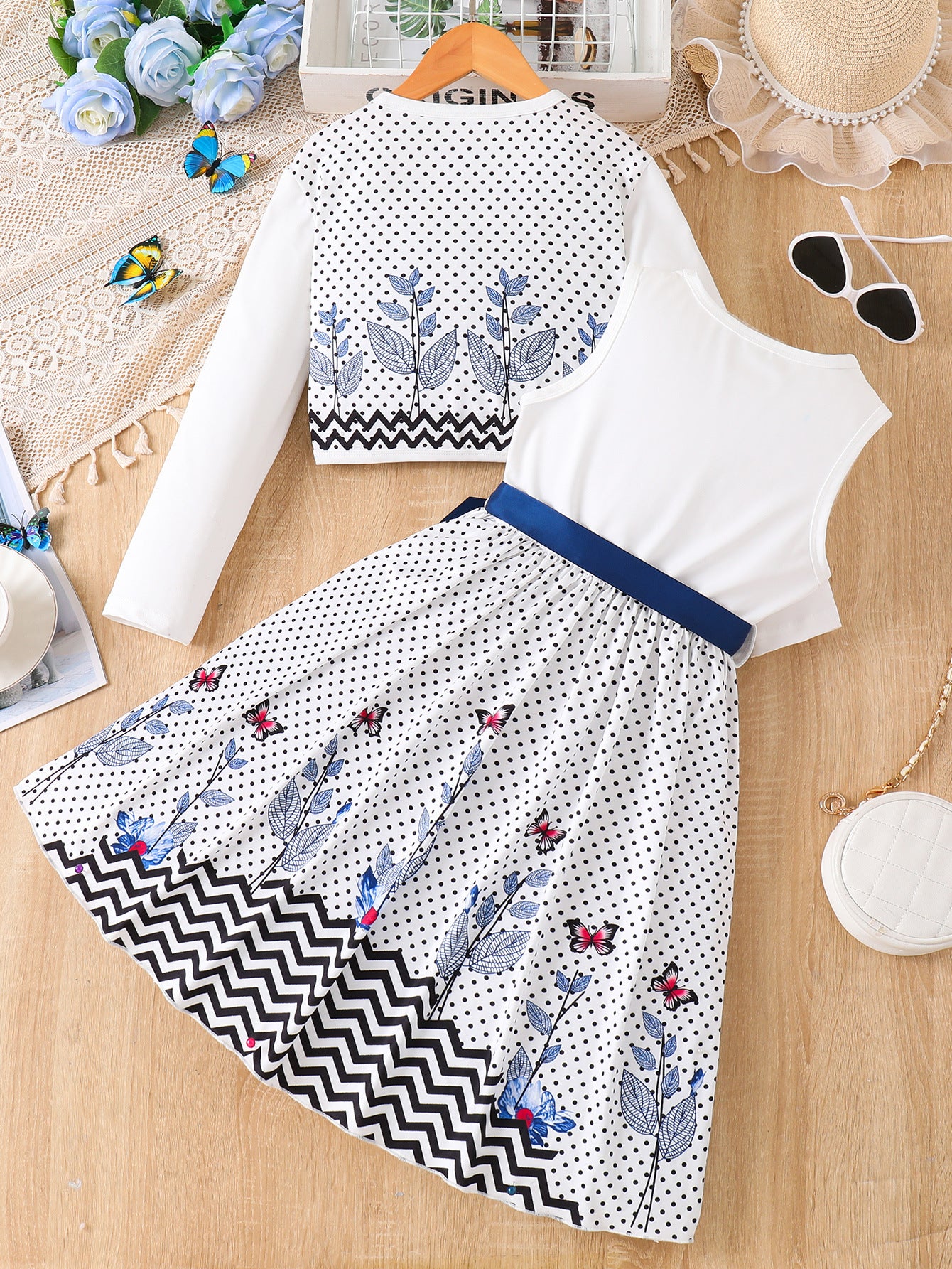 Imported 🤍 Girls’ Autumn Two-Piece Dress Set – White Vest Dress with Polka Dot Long Sleeve Outer