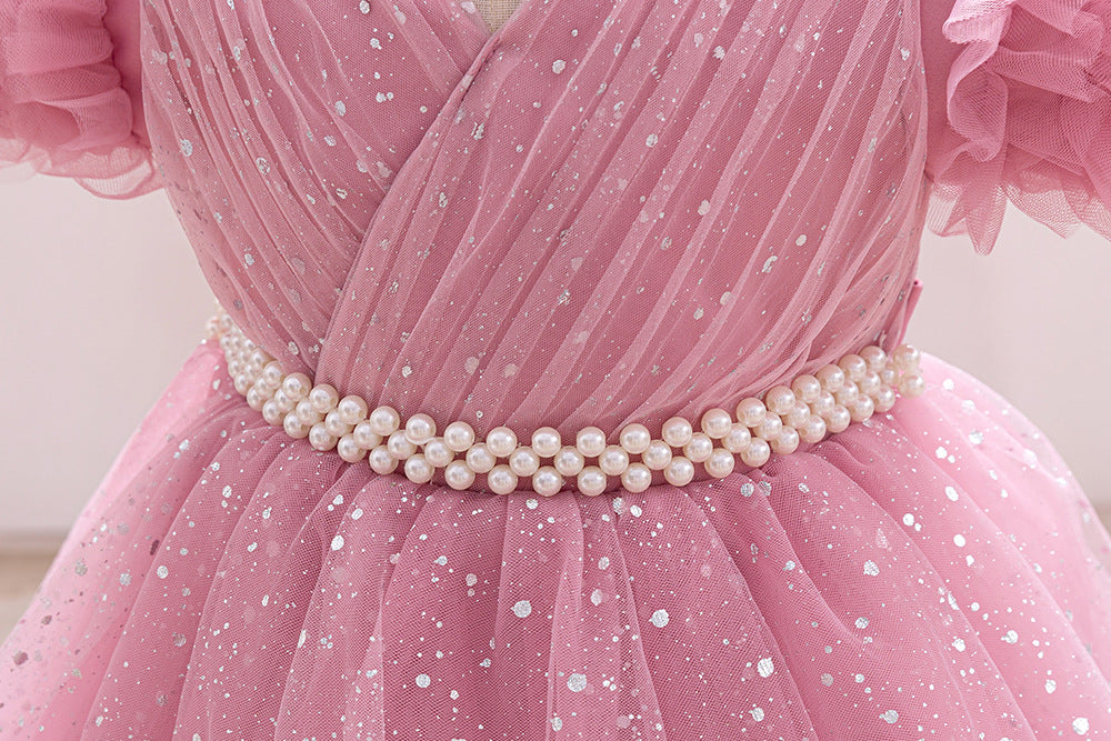 Imported ✨ Girls’ Ruffled Sleeve Beaded Sparkly Tutu Princess Dress – Flower Girl & Birthday Outfit