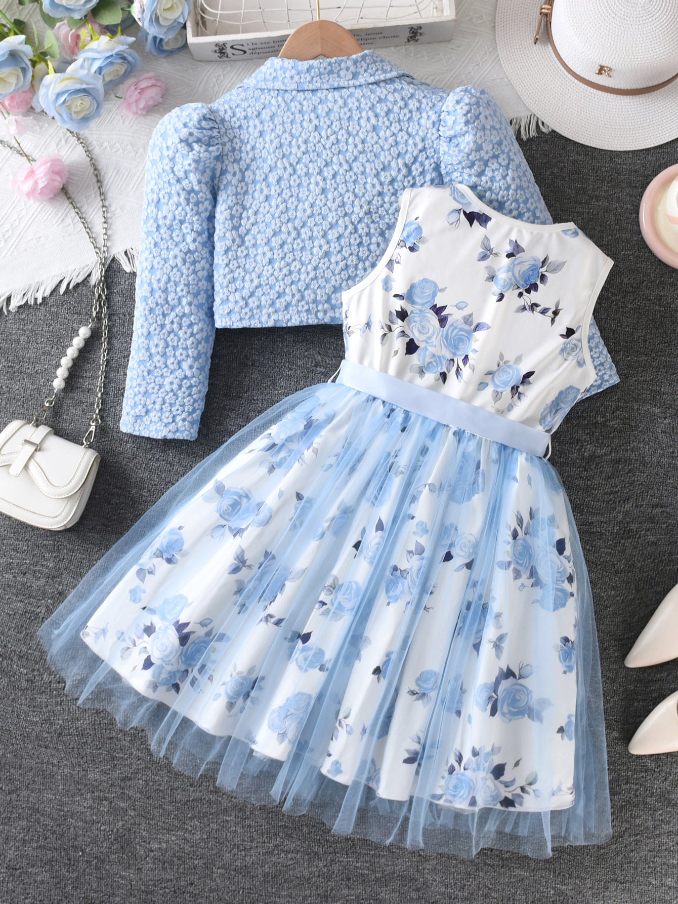 Imported  💙 Girls’ Sky Blue Rose Vest Dress & Chanel-Style Jacket – Two-Piece Set