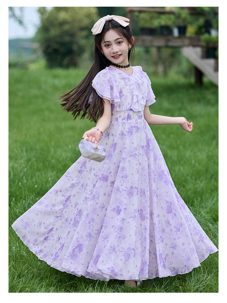 Imported 🌸Summer Floral Chiffon Dress – Princess Outfit for Big Girls