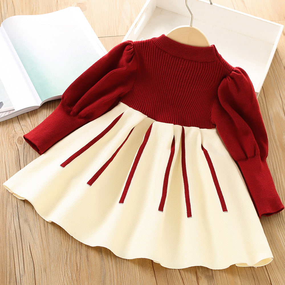 Imported ❄️ Winter Girls’ Knitted Bow Dress – Korean Style with Puff Sleeves