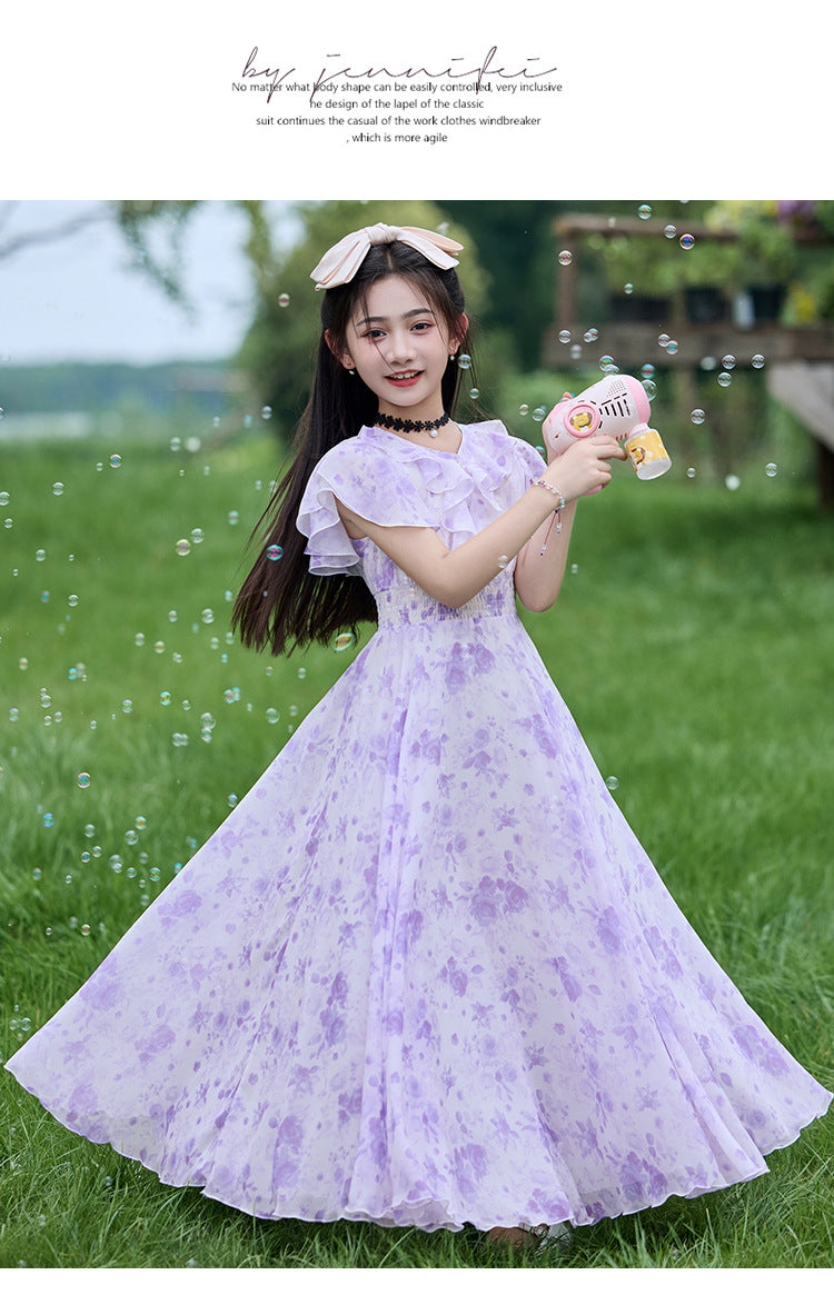Imported 🌸Summer Floral Chiffon Dress – Princess Outfit for Big Girls