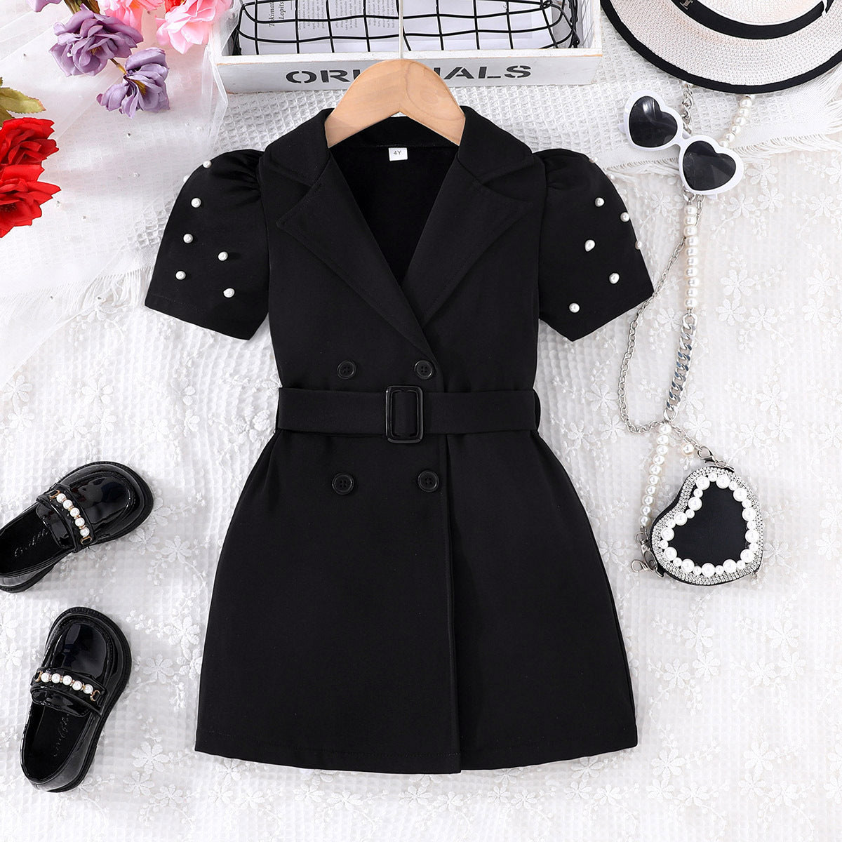 Imported 🌼 Girls’ Solid Color Short-Sleeve Casual Dress + Belt – Summer Two-Piece Set