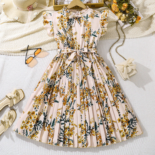 Imported 🌸 Girls’ French Retro Printed Pleated Dress – Summer Flying Sleeve Princess Dress