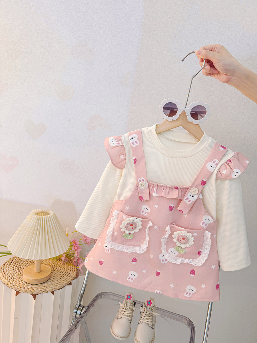 Imported 🍁 Autumn Princess Dress – Cartoon Suspender Faux Two-Piece Long-Sleeve Outfit