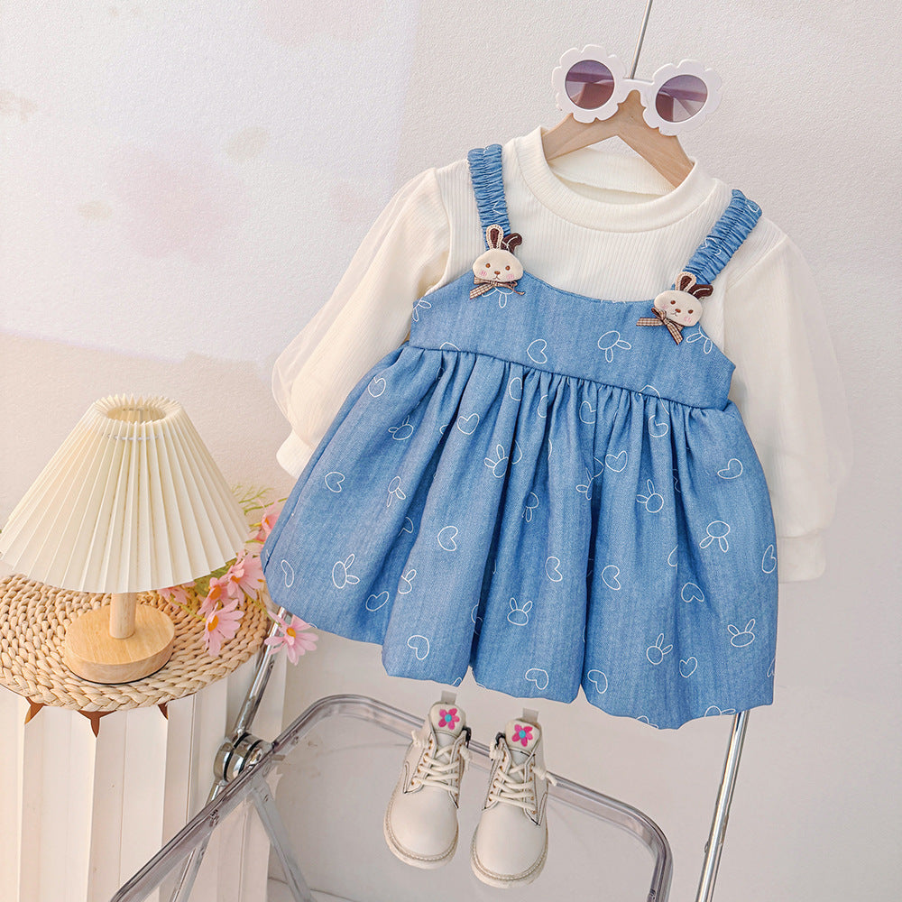 Children's Fashion Korean Style Dress, Girls' Round Neck Long Sleeve Cartoon Print Suspender Faux Two-Piece Patchwork Dress