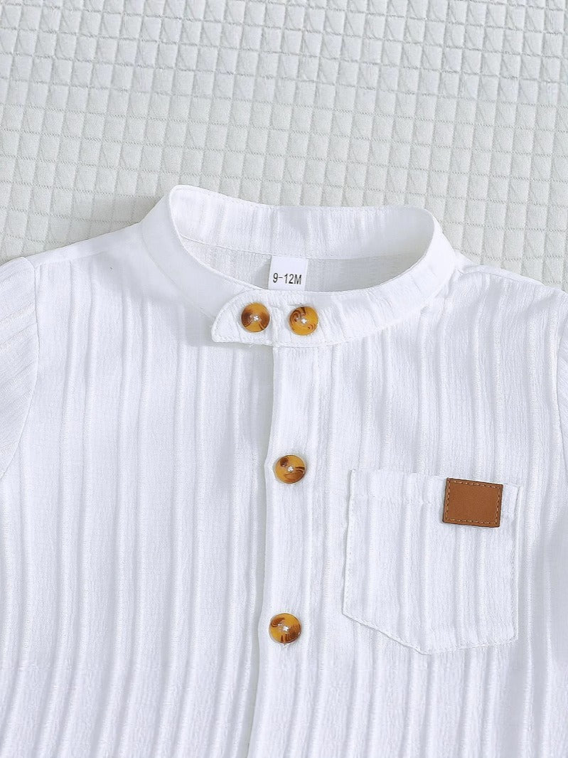Imported Baby Boy Spring Summer Two-Piece Set – White Striped Shirt & Khaki Shorts