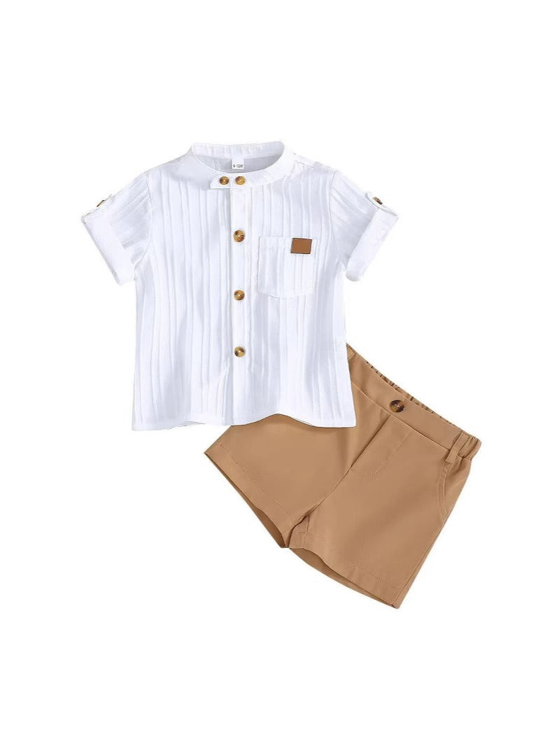 Imported Baby Boy Spring Summer Two-Piece Set – White Striped Shirt & Khaki Shorts