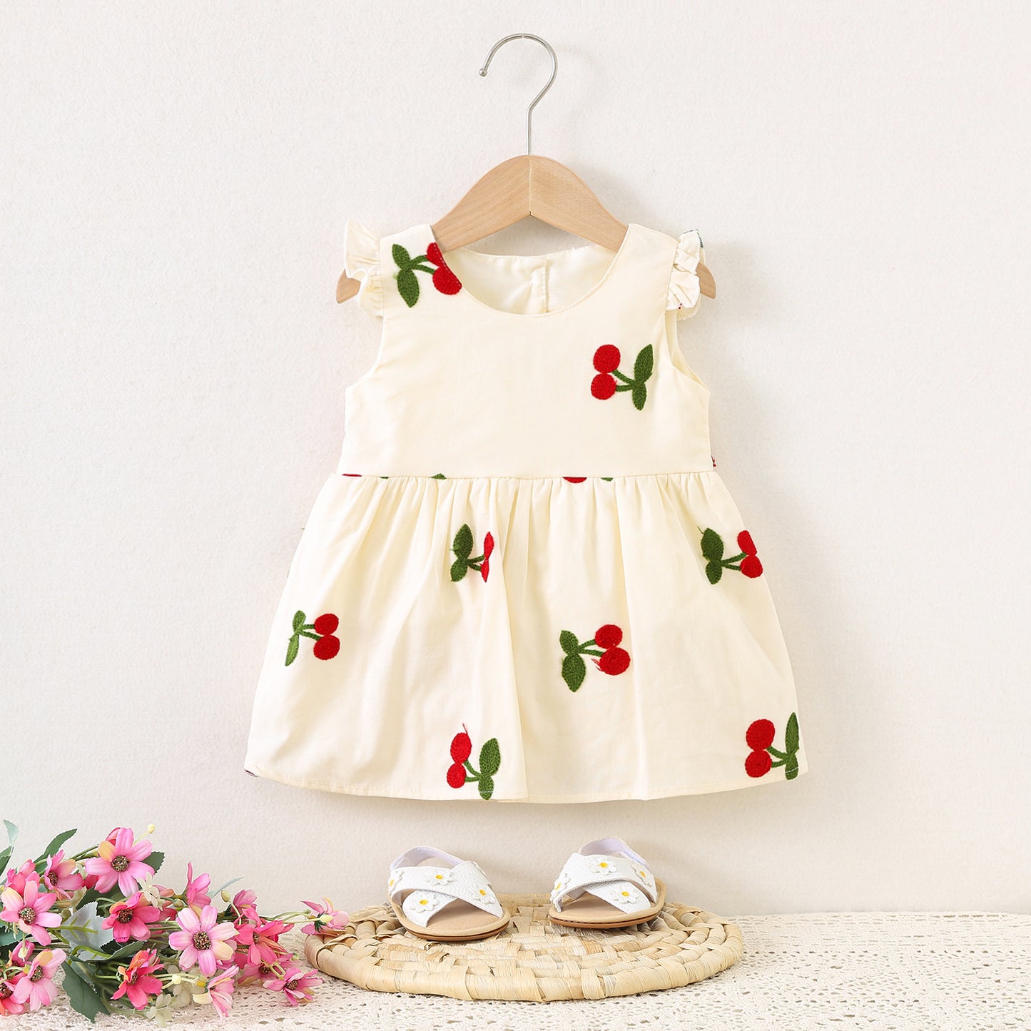 Imported 🍒 Baby Girls’ Sleeveless Cherry Embroidered Cotton Dress – Summer New Arrival