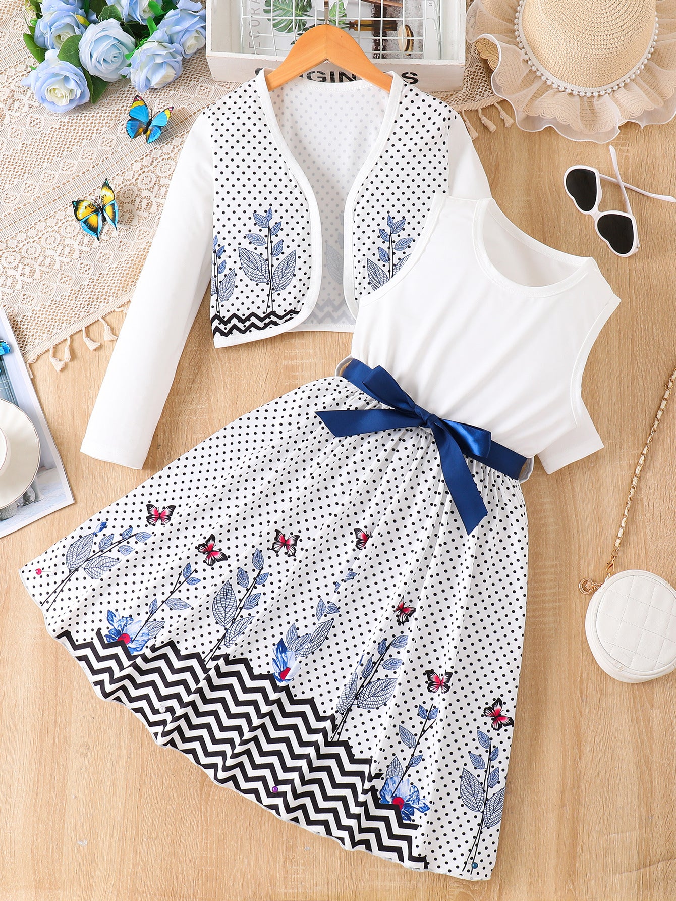Imported 🤍 Girls’ Autumn Two-Piece Dress Set – White Vest Dress with Polka Dot Long Sleeve Outer