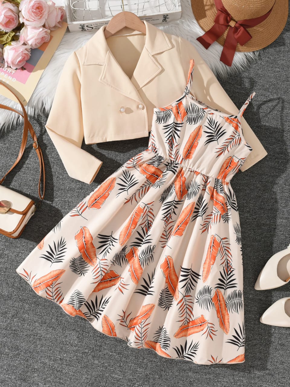 Imported 🍂 Girls’ Beige Jacket & Leaf Print Suspender Dress – Autumn Two-Piece Set