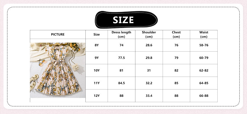 Imported 🌸 Girls’ French Retro Printed Pleated Dress – Summer Flying Sleeve Princess Dress