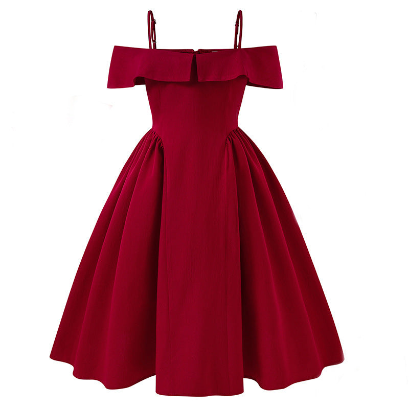 Imported 👗 Girls’ Off-Shoulder Halter Princess Dress – Pleated Double-Layer Party Dress
