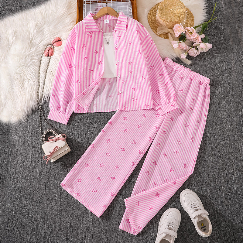 Imported 👕 Kids’ Autumn Striped Bow Shirt & Trousers Set – Long Sleeve Two-Piece Outfit